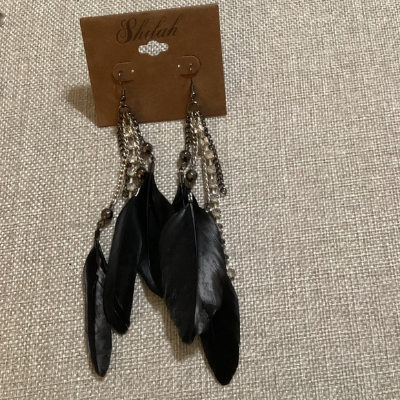 New Classic Black Authentic 3 Feather Earrings with Rhinestones - #188 - Picture 2 of 12